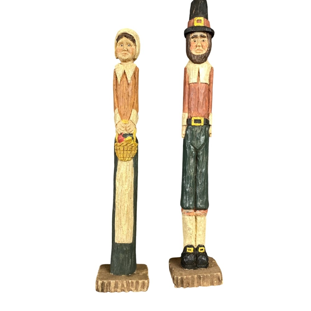 Vintage 1993 Wangs Pilgrim Couple Figurines Thanksgiving Folk Art Carved Wood